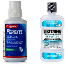 Colgate Peroxyl and Listerine Sensitive mouthwashes